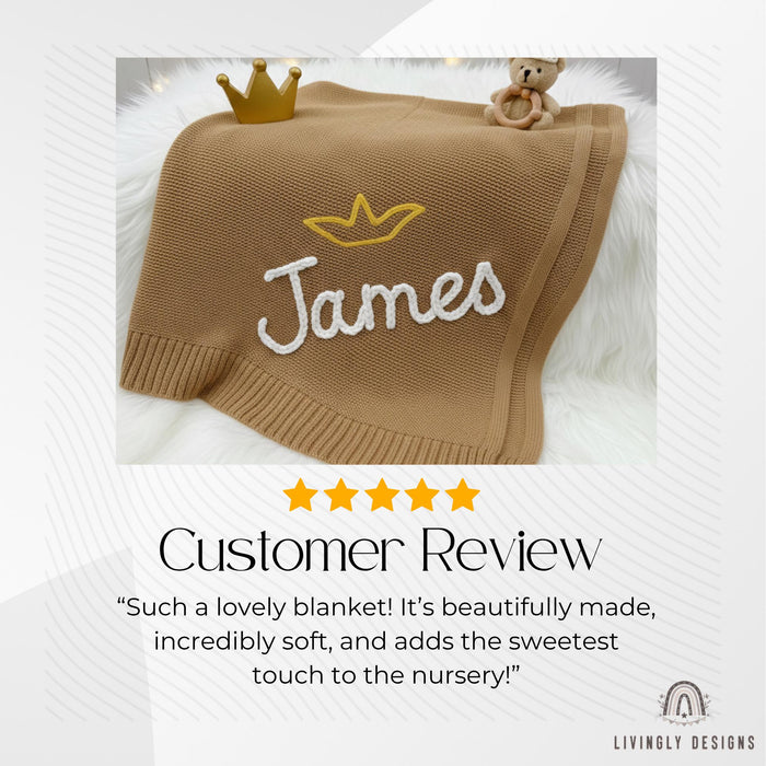 Custom Crown Knit Baby Blanket: Personalized Embroidered Name Nursery Keepsake