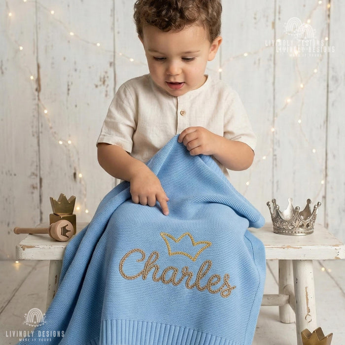 Custom Crown Knit Baby Blanket: Personalized Embroidered Name Nursery Keepsake