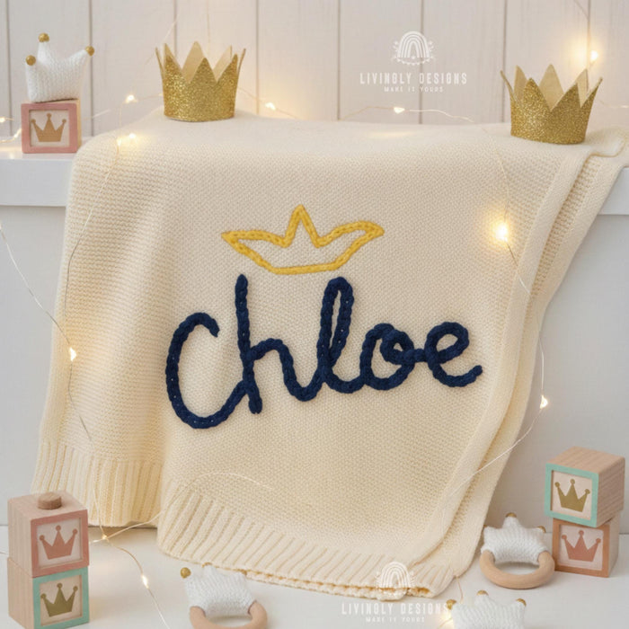 Custom Crown Knit Baby Blanket: Personalized Embroidered Name Nursery Keepsake