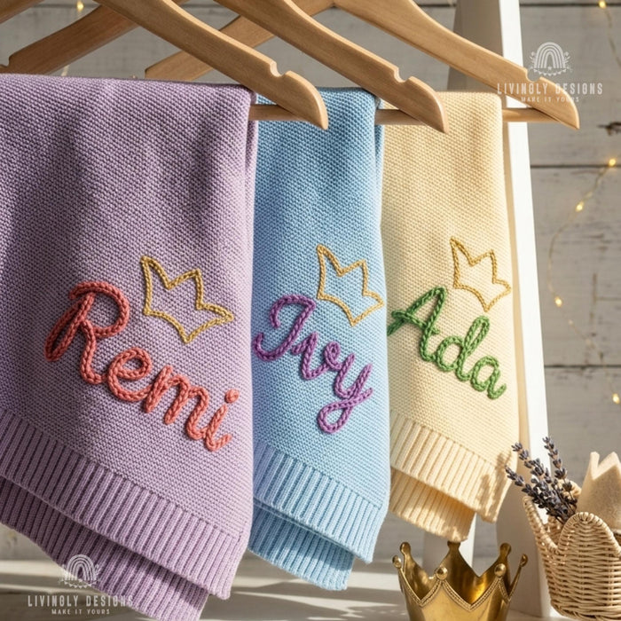 Custom Crown Knit Baby Blanket: Personalized Embroidered Name Nursery Keepsake