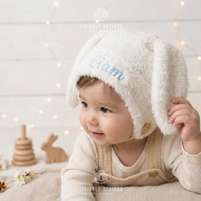 Custom Soft Sherpa Baby Hat with Ears and Personalized Name
