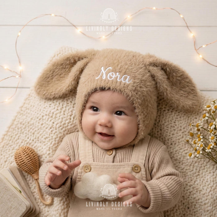 Custom Soft Sherpa Baby Hat with Ears and Personalized Name