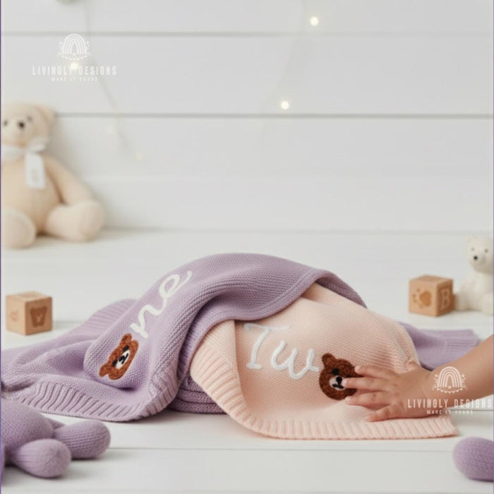 Personalized Teddy Bear "One" Birthday Blanket