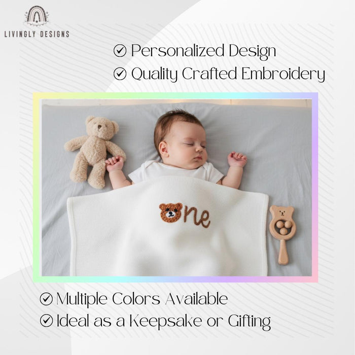 Personalized Teddy Bear "One" Birthday Blanket