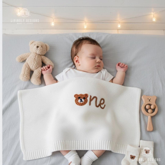 Personalized Teddy Bear "One" Birthday Blanket