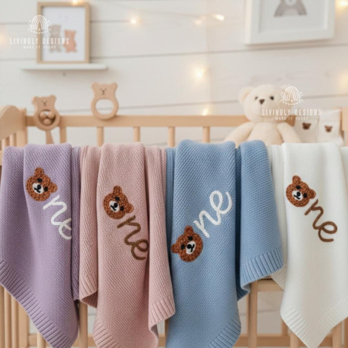 Personalized Teddy Bear "One" Birthday Blanket