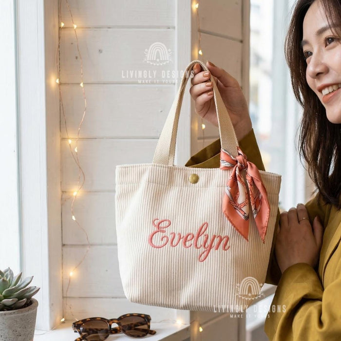 Personalized Tote Bag: Custom Name Corduroy Embroidered Handbag