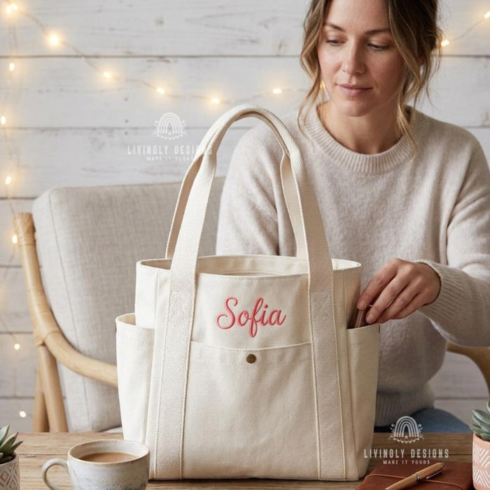 Personalized Work Tote Bag: Custom Embroidered Canvas Large Shoulder Bag