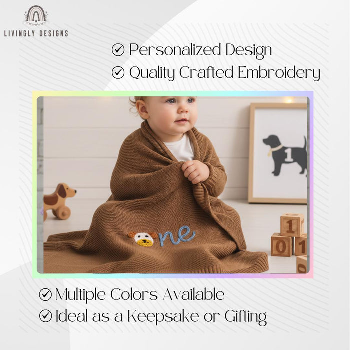 Custom Puppy "O" Knit Baby Blanket Personalized Name or Birthday Number