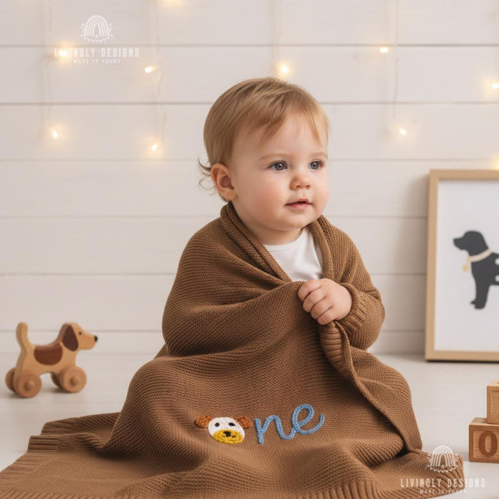 Custom Puppy "O" Knit Baby Blanket Personalized Name or Birthday Number