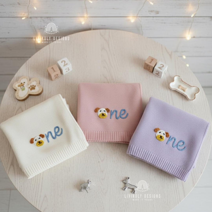 Custom Puppy "O" Knit Baby Blanket Personalized Name or Birthday Number