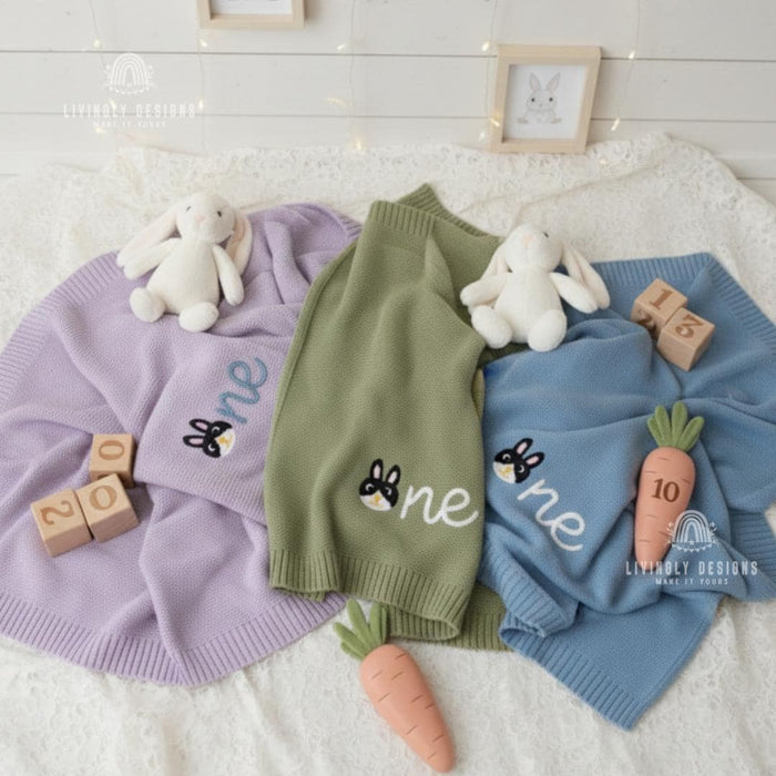 Personalized Bunny Baby Blanket: Custom Name & Number Birthday Blanket