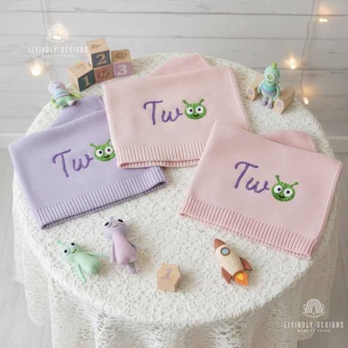 Custom Alien Baby Blanket Personalized Knit Milestone Blanket (One/Two)