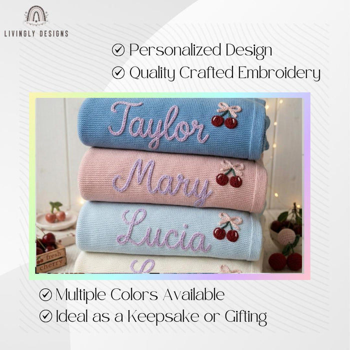 Custom Cherry Knit Baby Blanket with Embroidered Name
