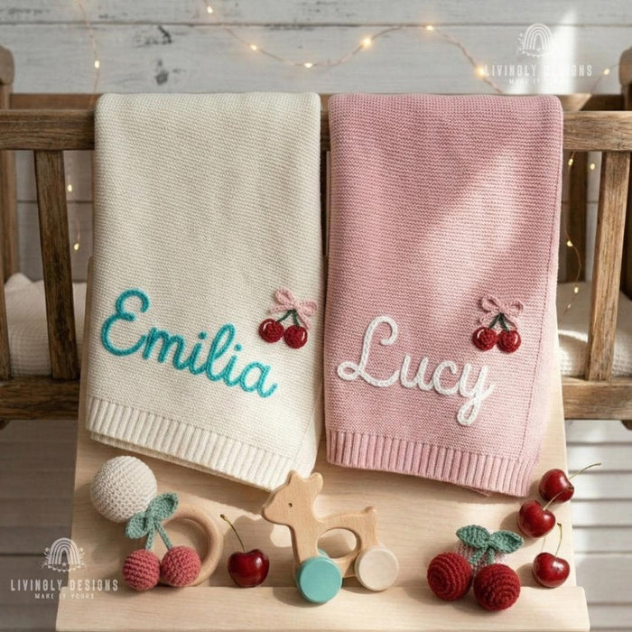 Custom Cherry Knit Baby Blanket with Embroidered Name