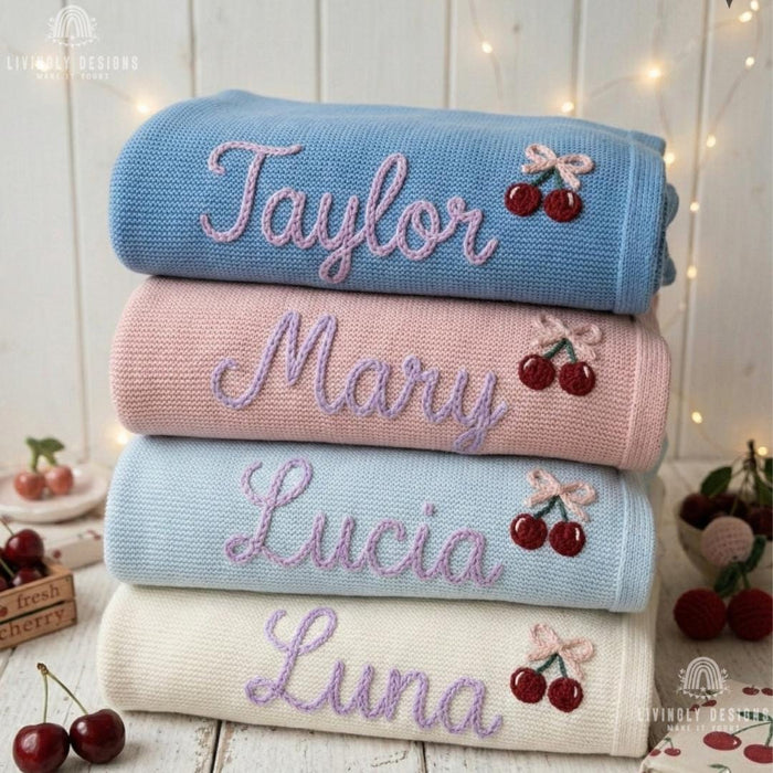 Custom Cherry Knit Baby Blanket with Embroidered Name