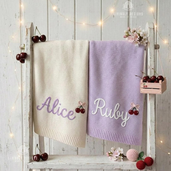 Custom Cherry Knit Baby Blanket with Embroidered Name