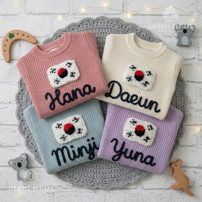 Personalized Name South Korea Flag Knit Baby and Kids Sweater