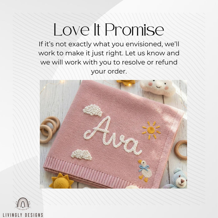 Custom Name Baby Blanket – Knit Blanket with Clouds, Sun, Duck Design