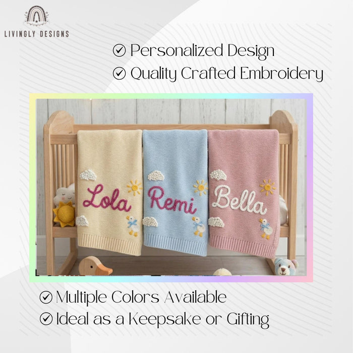 Custom Name Baby Blanket – Knit Blanket with Clouds, Sun, Duck Design