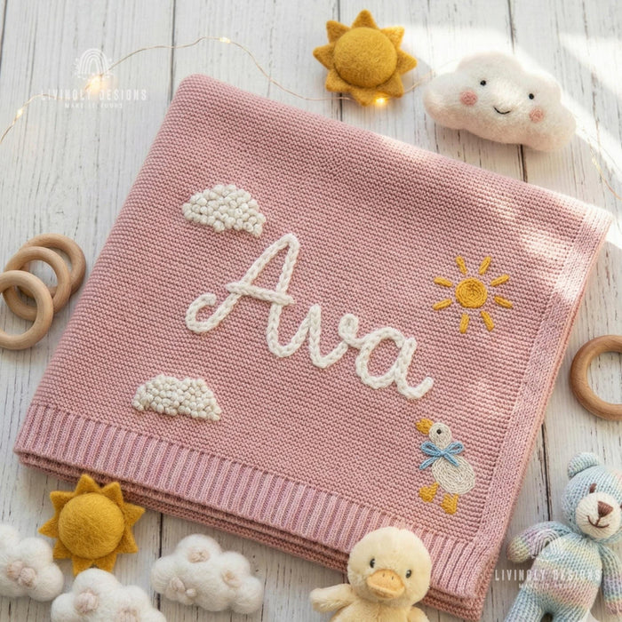 Custom Name Baby Blanket – Knit Blanket with Clouds, Sun, Duck Design