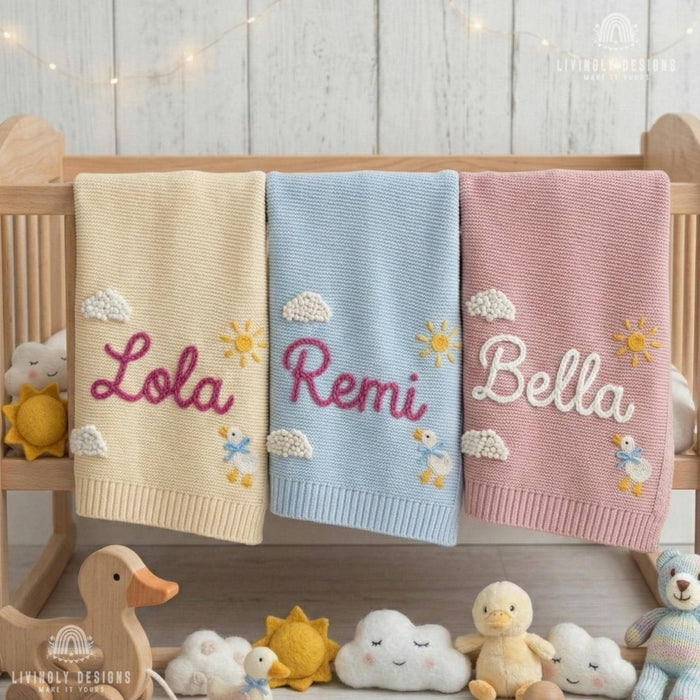 Custom Name Baby Blanket – Knit Blanket with Clouds, Sun, Duck Design