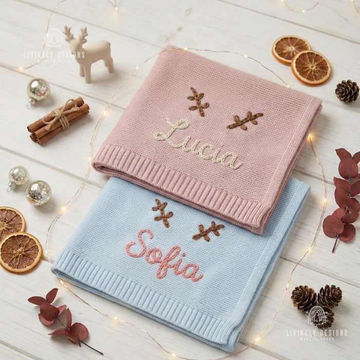 Personalized Antler Baby Blanket: Christmas Name Keepsake Gift