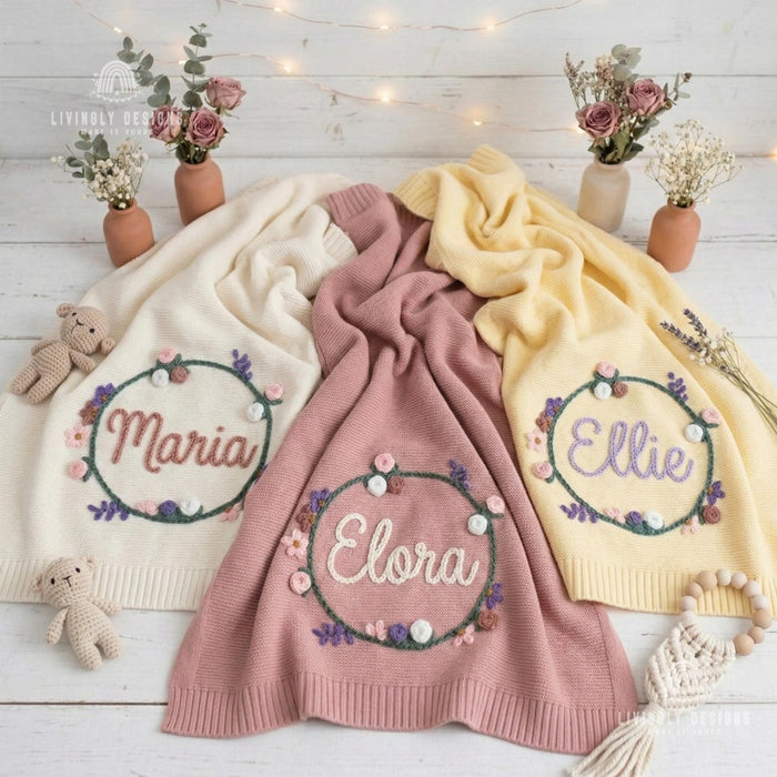 Custom Flower Circle Baby Blanket: Personalized Name Keepsake Gift