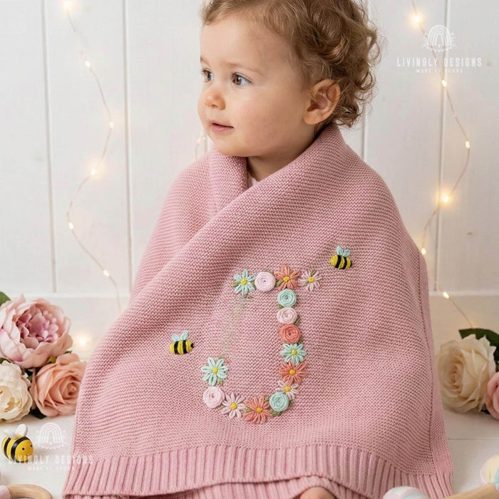 Personalized Initial Baby Blanket with Bee & Flower Embroidered Design