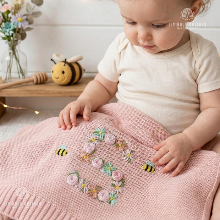 Personalized Initial Baby Blanket with Bee & Flower Embroidered Design