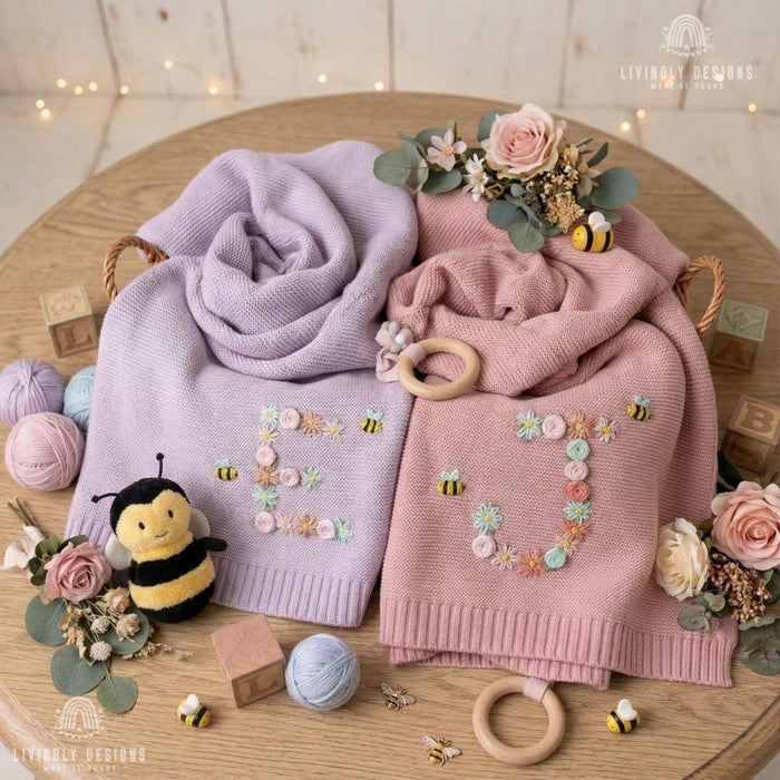 Personalized Initial Baby Blanket with Bee & Flower Embroidered Design