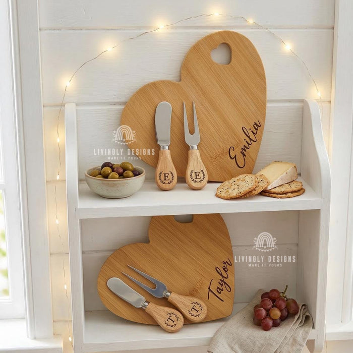 Custom Engraved Heart Cheese Board Set with Tools