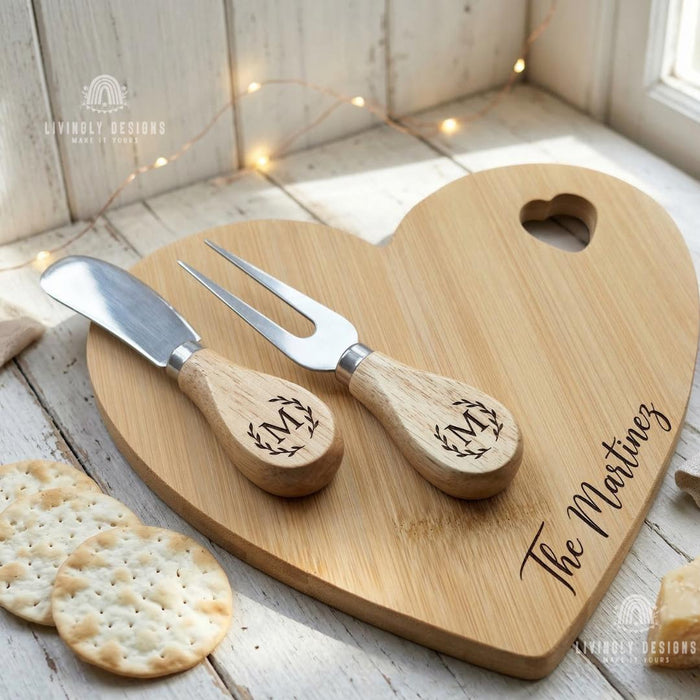 Custom Engraved Heart Cheese Board Set with Tools