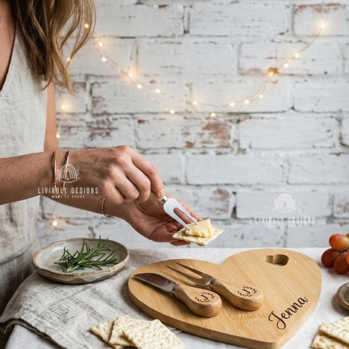 Custom Engraved Heart Cheese Board Set with Tools