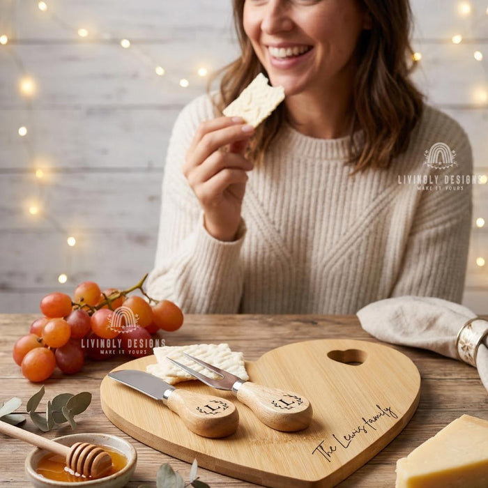 Custom Engraved Heart Cheese Board Set with Tools