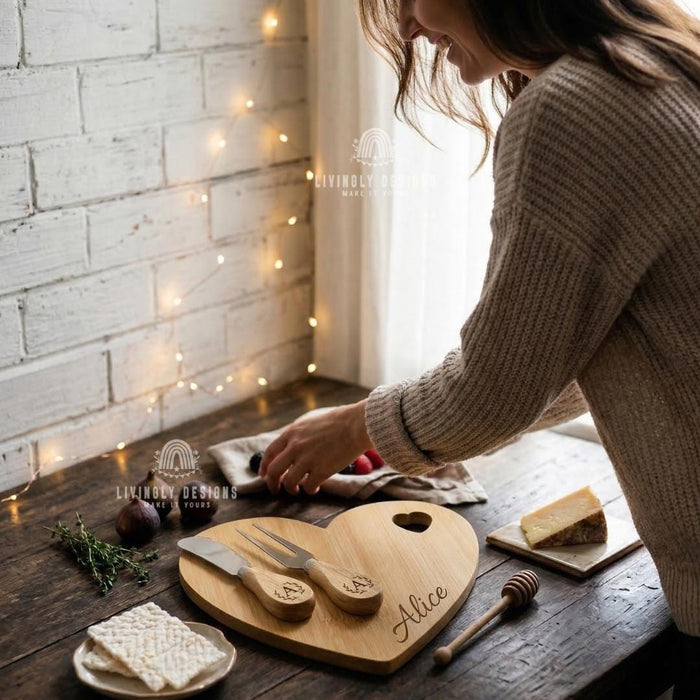 Custom Engraved Heart Cheese Board Set with Tools