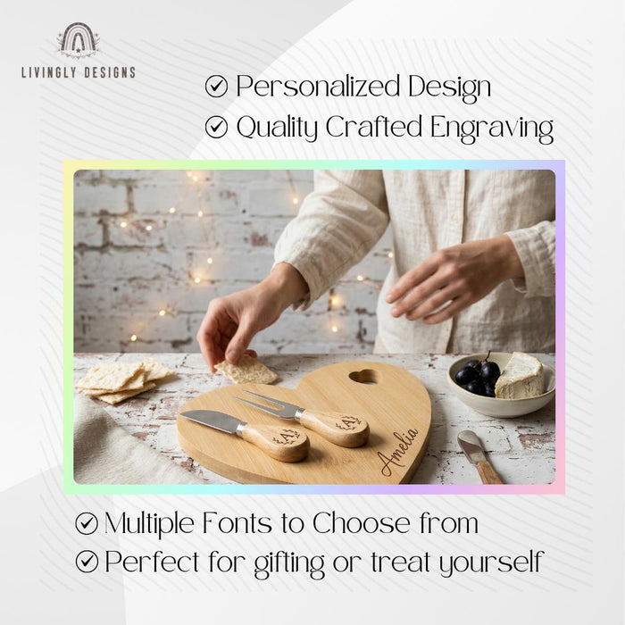 Custom Engraved Heart Cheese Board Set with Tools