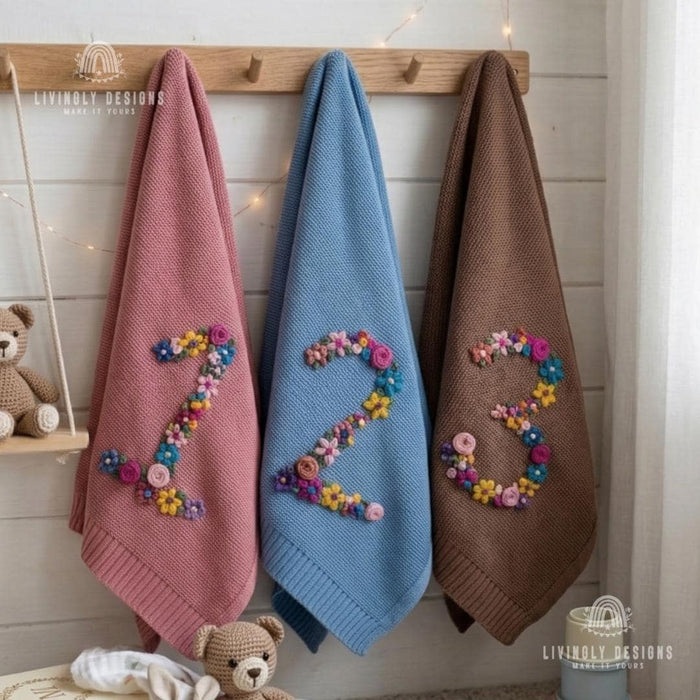 Custom Floral Number Knit Blanket Baby Milestone