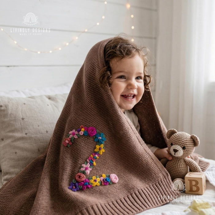 Custom Floral Number Knit Blanket Baby Milestone