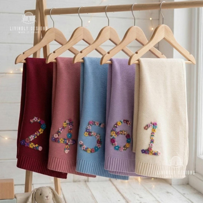 Custom Floral Number Knit Blanket Baby Milestone