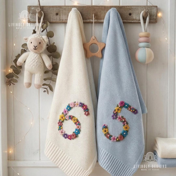 Custom Floral Number Knit Blanket Baby Milestone