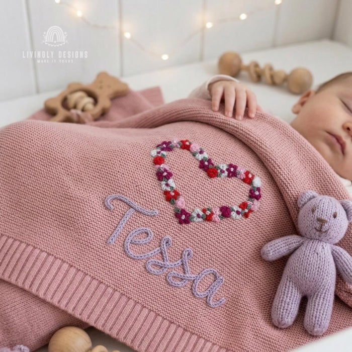 Floral Heart Blanket Personalized: Custom Baby Gift Soft Cozy Keepsake