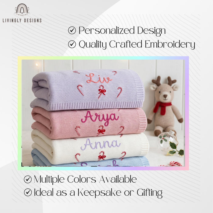 Custom Name Christmas Baby Blanket: Knit Candy Cane Design Soft Keepsake
