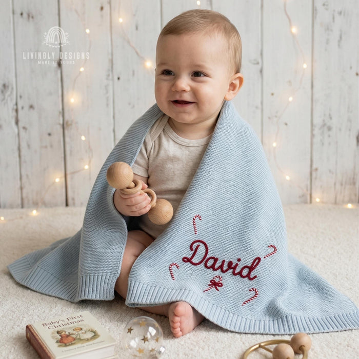 Custom Name Christmas Baby Blanket: Knit Candy Cane Design Soft Keepsake