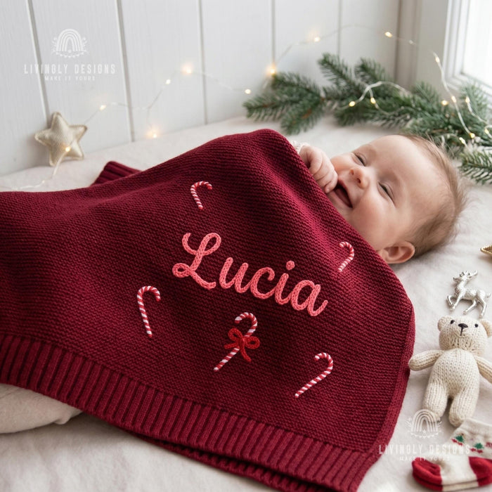 Custom Name Christmas Baby Blanket: Knit Candy Cane Design Soft Keepsake