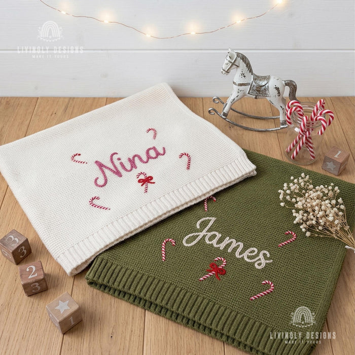 Custom Name Christmas Baby Blanket: Knit Candy Cane Design Soft Keepsake