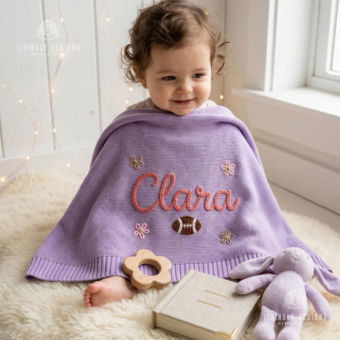 Personalized Football Knit Baby Blanket, Custom Name Embroidery, Soft Newborn Keepsake