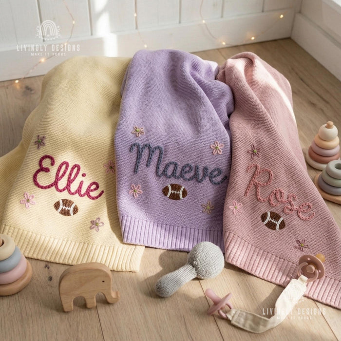 Personalized Football Knit Baby Blanket, Custom Name Embroidery, Soft Newborn Keepsake