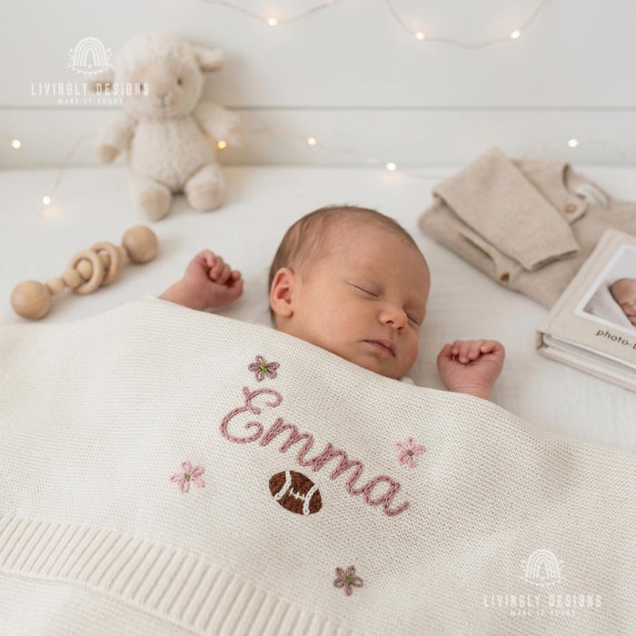 Personalized Football Knit Baby Blanket, Custom Name Embroidery, Soft Newborn Keepsake