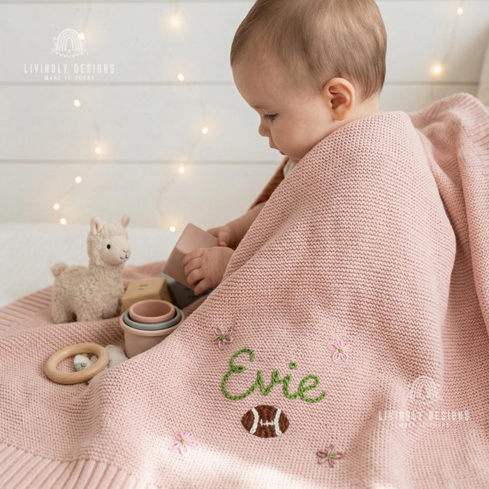 Personalized Football Knit Baby Blanket, Custom Name Embroidery, Soft Newborn Keepsake